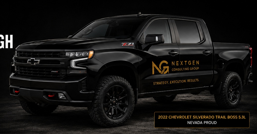 Black 2022 Chevrolet Silverado Trail Boss 5.3L branded for NextGen Consulting Group